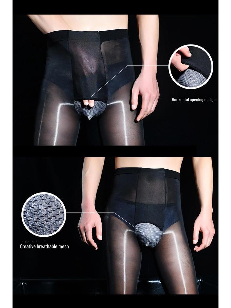 Γυαλιστερό μαύρο μεταξωτό ανδρικό εξαιρετικά λεπτό οριζόντιο ανοιχτό καλσόν