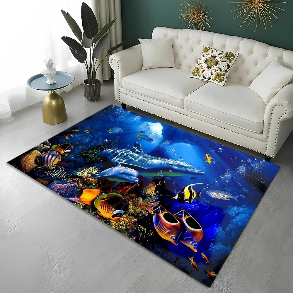 3D Underwater World Seabed Fish Carpet Rug for Home Living Room Bedroom Sofa Doormat Decor,kids Play Area Rug Non-slip Floor Mat