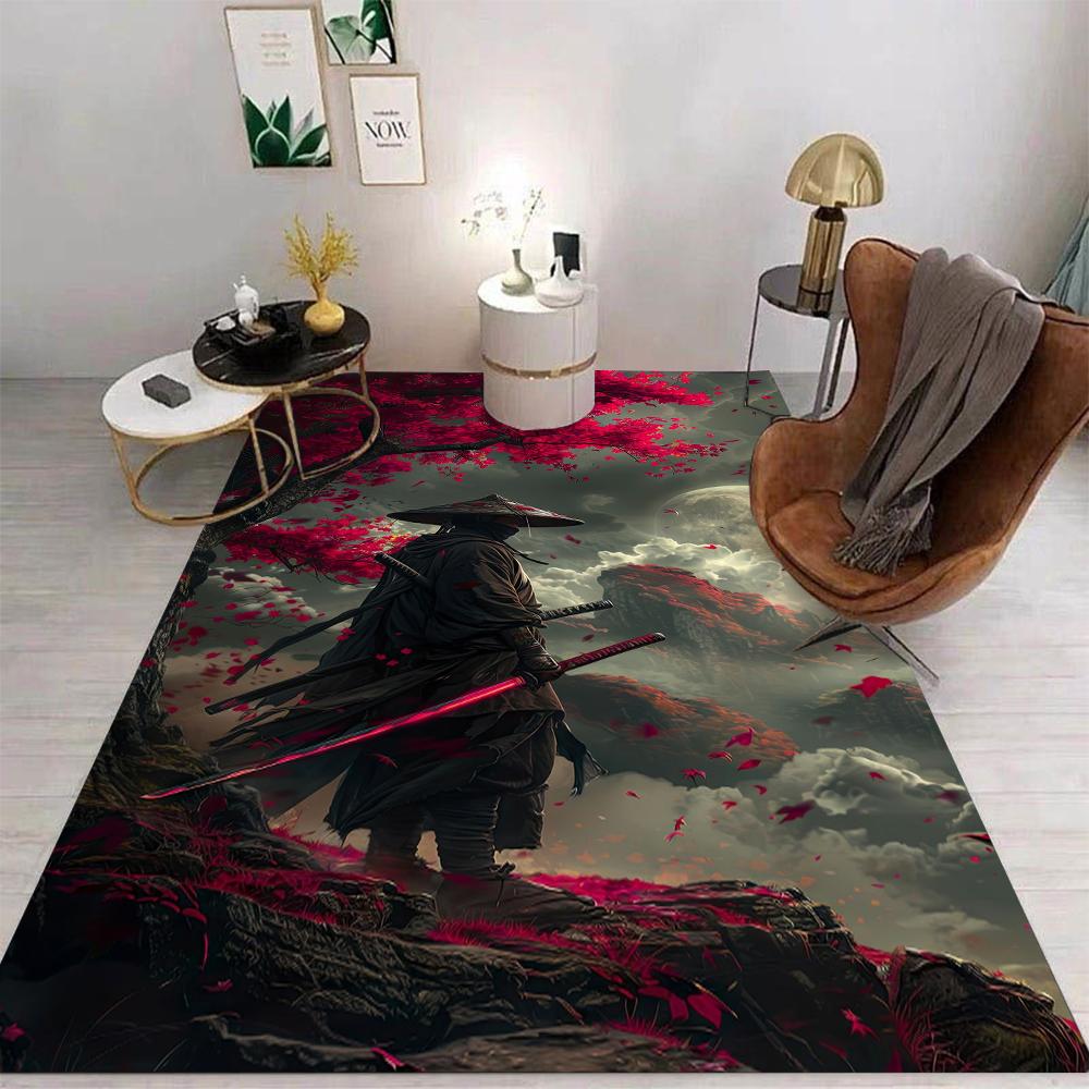 Samurai Warrior Carpet Mat Rug Red Sword Japanese Art Dark Theme Mountain Water Home Decoration Living Room Game Room Floor Mat