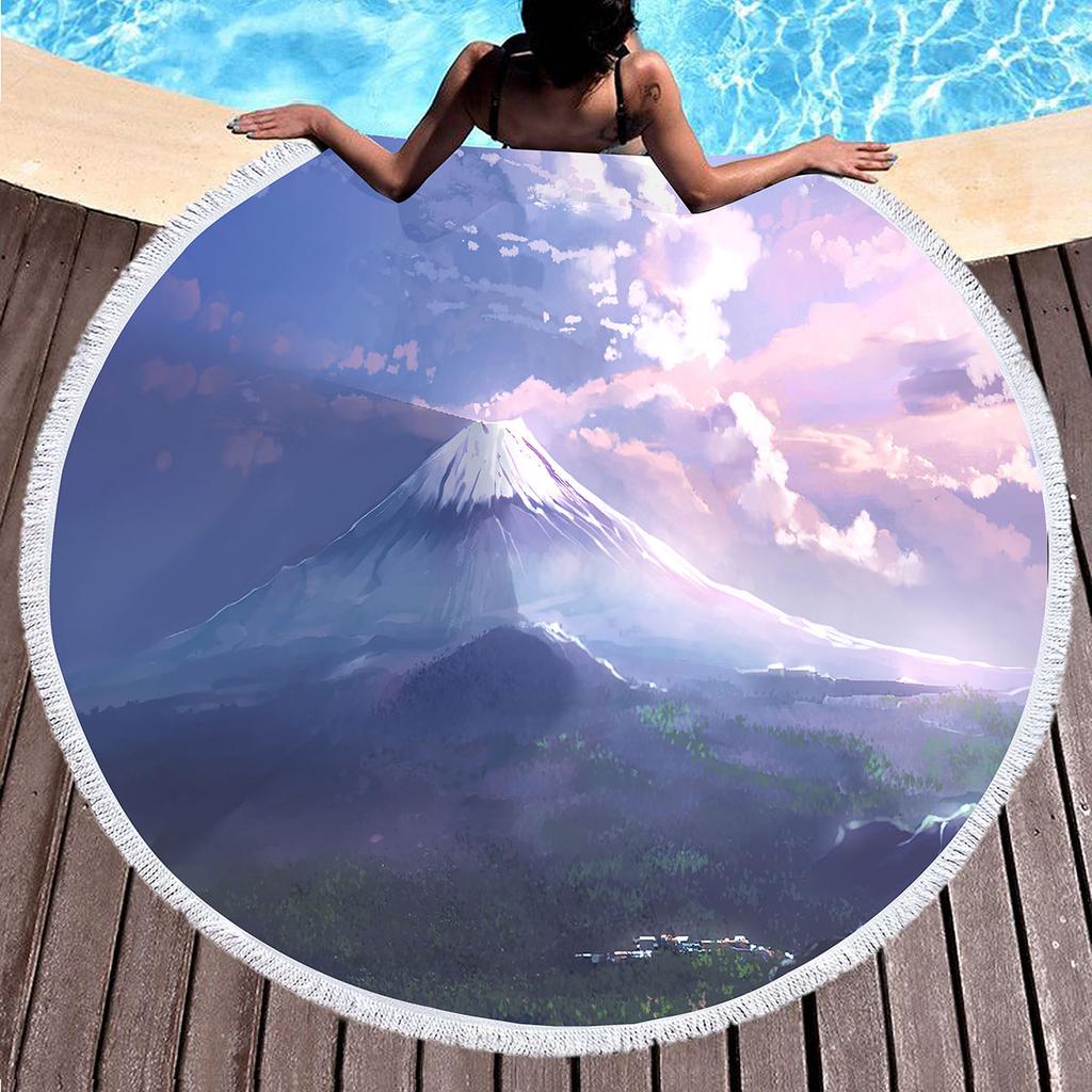 Japanese Mount Fuji Round Beach Towel,Snow Mountain Sand Free Lightweight Beach Blanket,Absorbent Quick Dry Pool Towel Yoga Mat