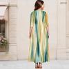 Women Plus Size Round Neck Keyhole 3 4 Sleeve Long Dress Watercolor Striped Print Green Yellow