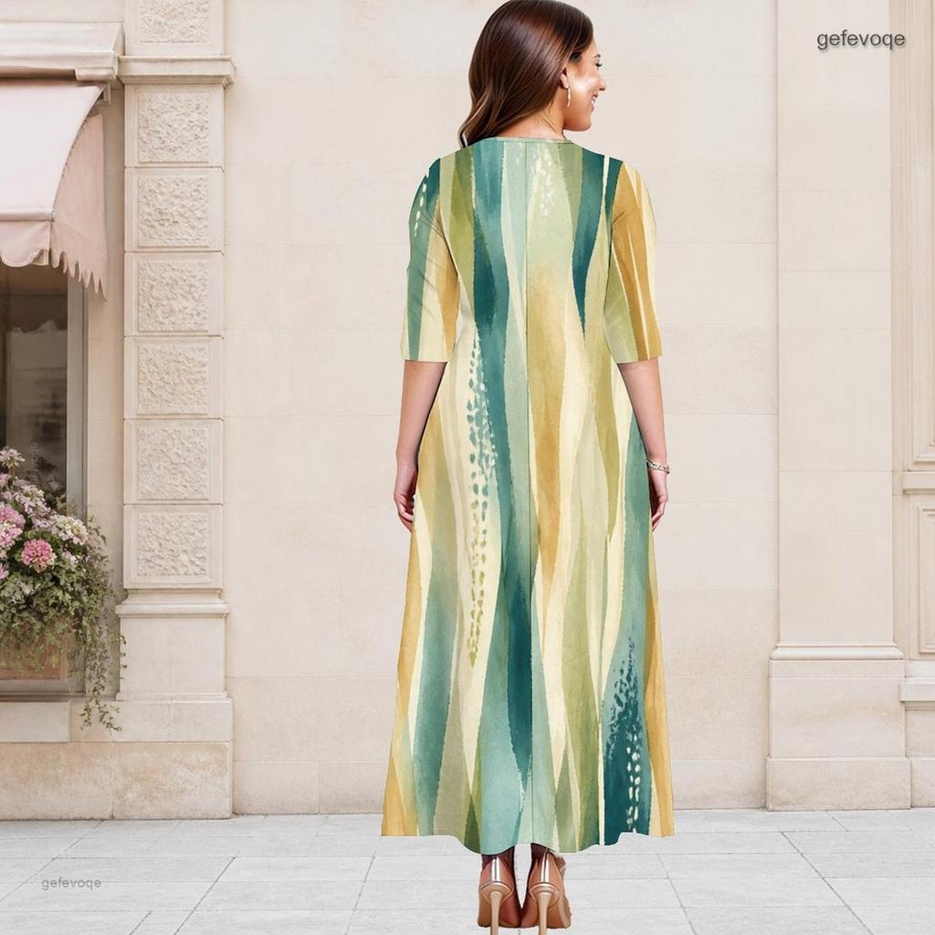 Women Plus Size Round Neck Keyhole 3 4 Sleeve Long Dress Watercolor Striped Print Green Yellow