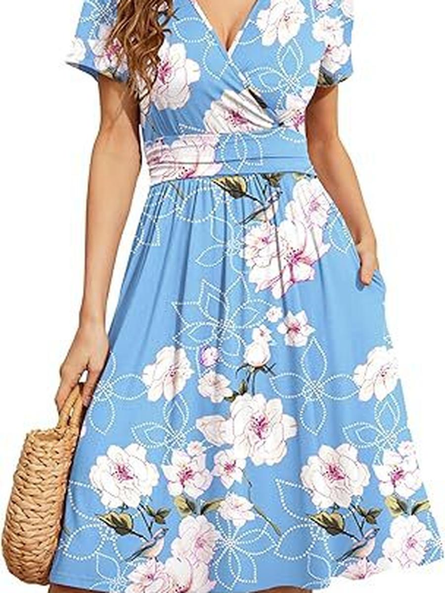 Summer New Casual V-Neck Short Sleeve Floral Ruffled Pocket Dress for Women S