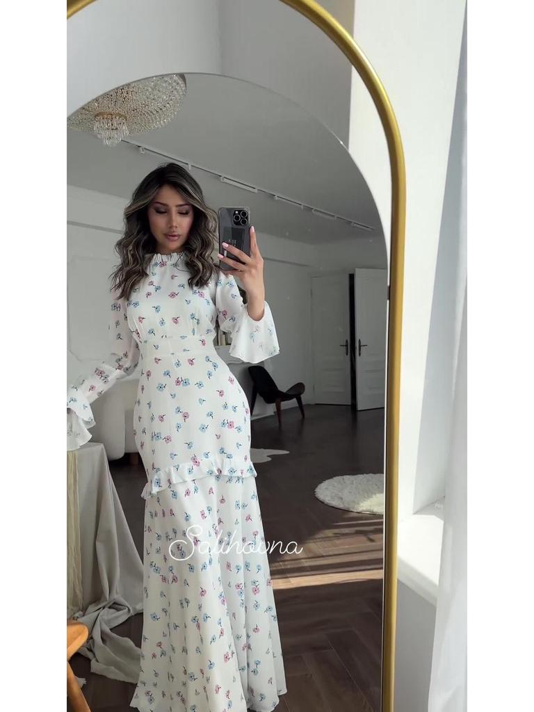European & American Floral Ruffle Long Dress - Gentle Style, Fresh Spring White, 2024 Collection