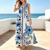 Women's Summer Vacation Maxi Dress Blue White Floral Lightweight Sleeveless Tummy Control Flowy Full Skirt,Versatile for Casual Daily & Summer Outing