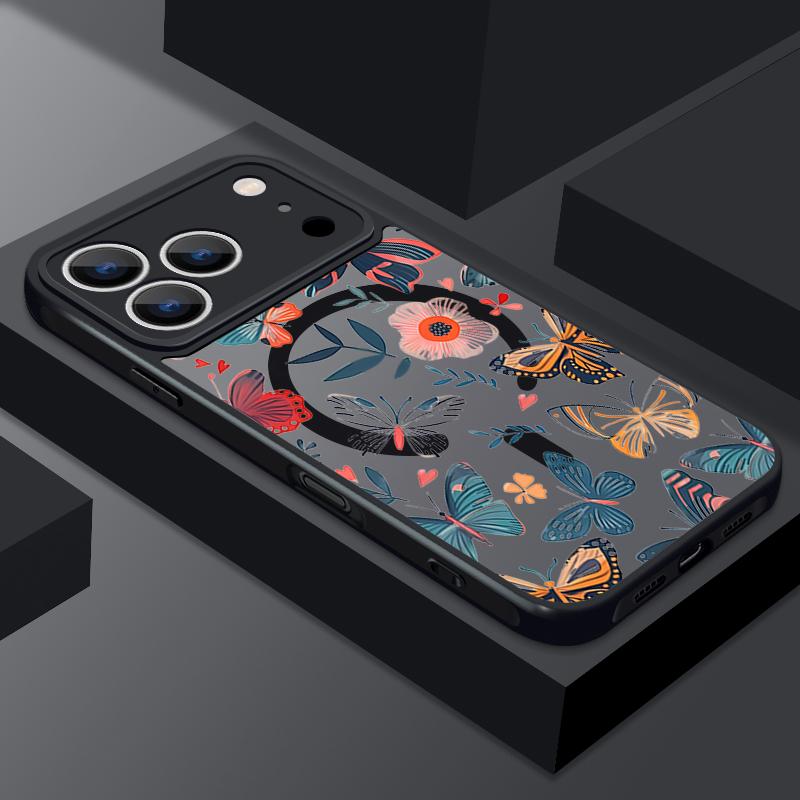 Creative Butterfly Flowers Pattern Case For iPhone 17 Pro Max Funda iPhone 16 15 14 13 Pro Max Rugged Bumper Magnetic For Magsafe Shockproof Cover