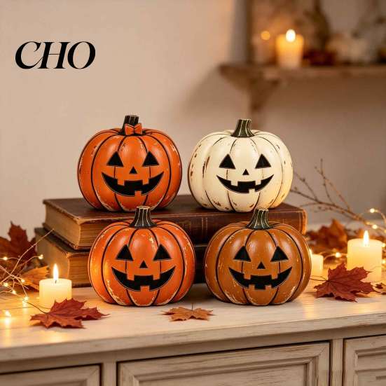 Halloween Wooden Pumpkin Ornaments 3/4Pcs Vintage Decor, Rustic Fall Tabletop Centerpiece, Farmhouse American Country Home Accents Shelf Accent