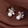 Retro Silver Needle Iridescent Crystal & Baroque Pearl Flower Earrings