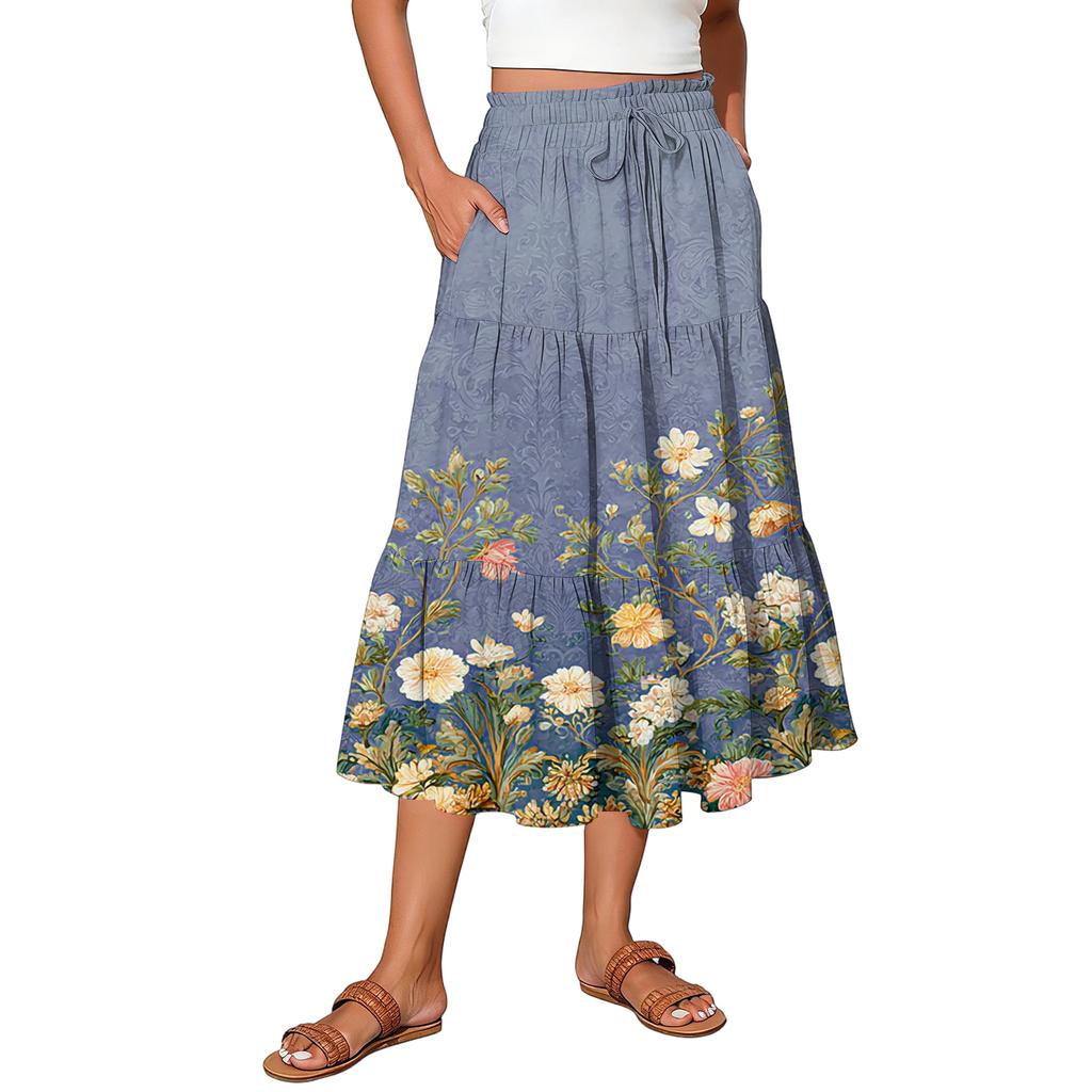 Womens Maxi Skirt Drawstring High Waisted Summer Long Skirts Lightweight Tiered Flowy Floral Pleated Skirts