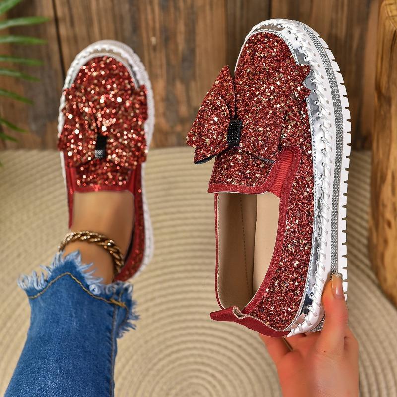 Large size muffin platform single shoes women's new flat bottom round head bow sequins one pedal lazy shoes