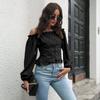 Off Shoulder Hot Style Front Straps Women Blouse Long Sleeve Slim Waist Pleated Short Top Elegant Casual Shirt New Solid Color Ruffled Clothng