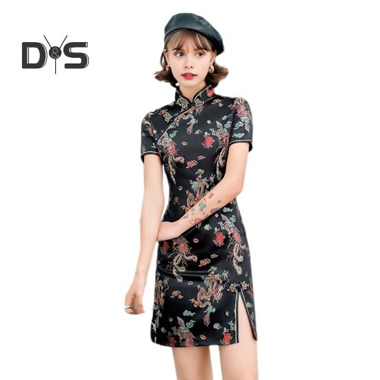 Kvinnor Sommar Cheongsam Stativ krage Dragon Phoenix Tryck Delad fåll Qipao Slim Fit Retro kinesisk stil Ovanför knälängd Bröllopsfest Cocktailklänning