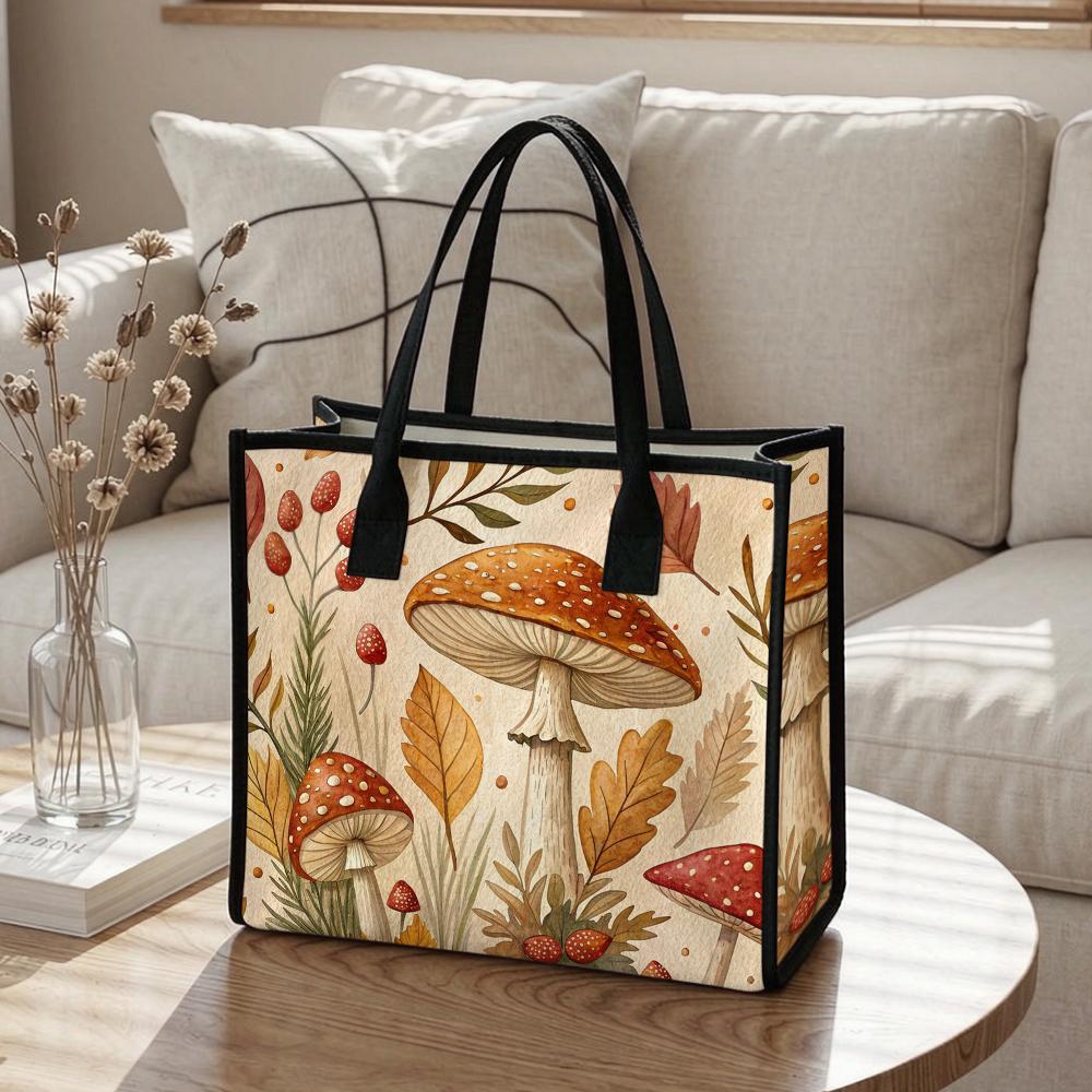 Vintage Mushroom Print Casual Tote Bag for Outdoor Shopping Daily Use
