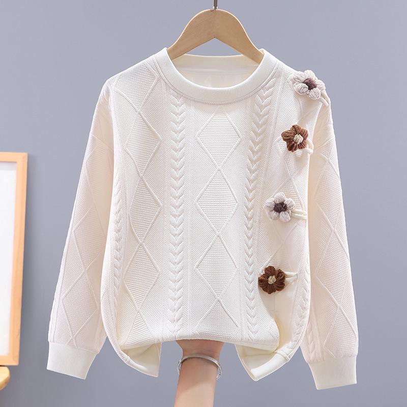 

Осенний цветочный свитшот для девочек - Корейский стиль, круглый вырез для детей 150 cm белый/кремовый