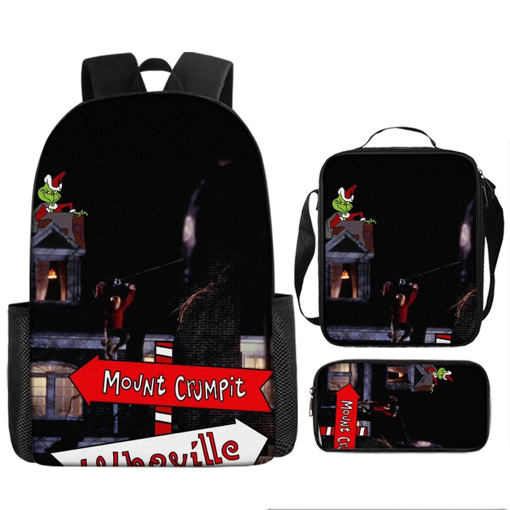 Green Hair Monster Grinch School Bag Campus 12345th and 6th Grade Backpack Lightweight Weight Loss Computer Bag Three-piece Set