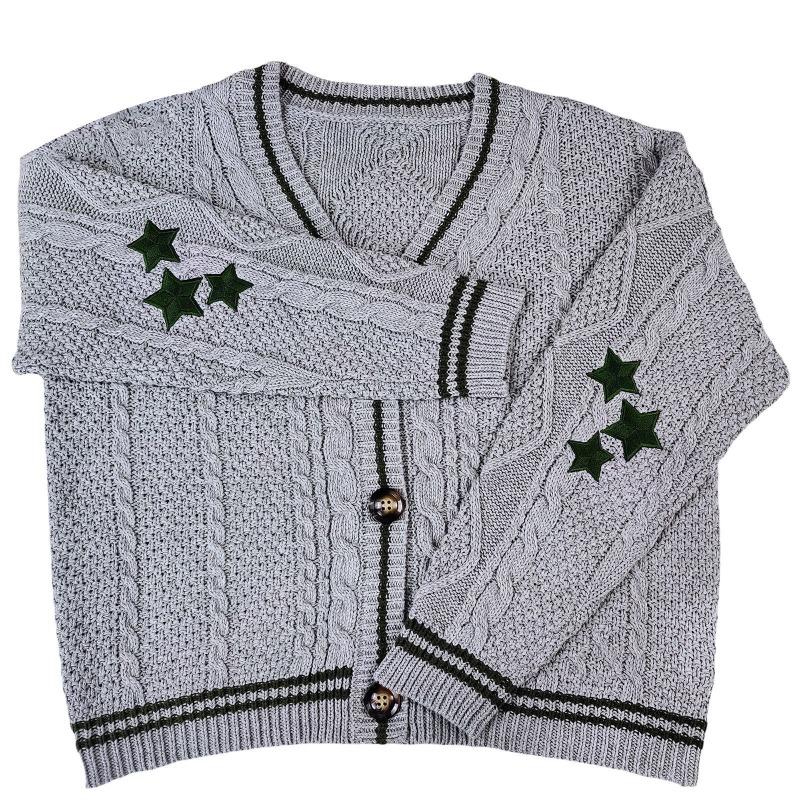 Star Patterned Women's V-neck Sweater Jacket Solid Color Long Sleeved Single Breasted Warm Jackets Autumn and Winter Woman Casual Cardigan