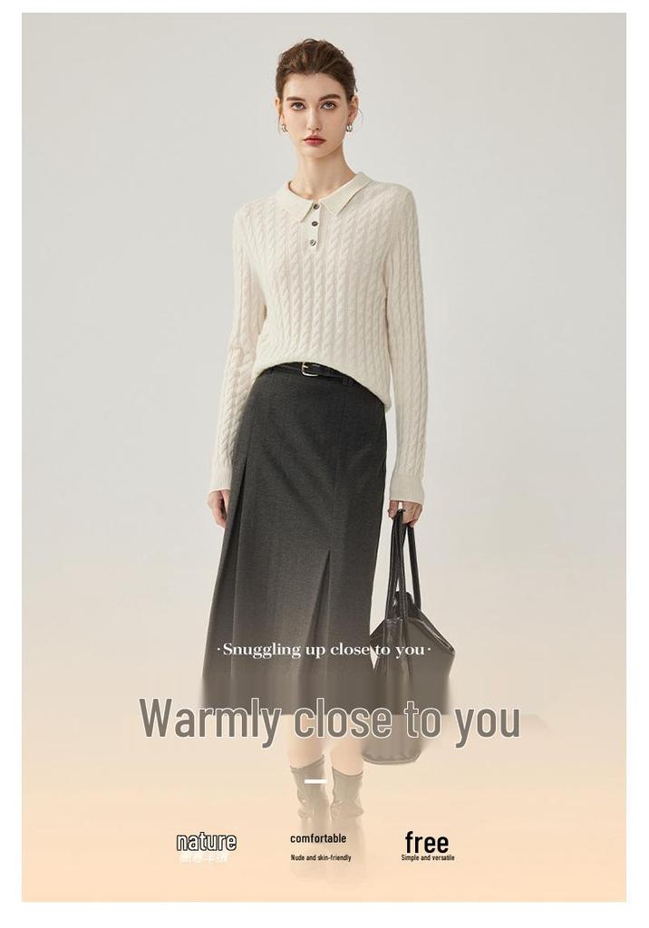 2026 Autumn/Winter Women's Slimming Cable Knit Cashmere Polo Neck Sweater