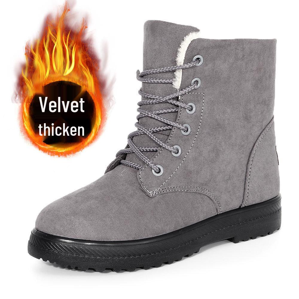 Korean Style High-top Snow Boots for Men and Women, Plus Size, with Velvet Lining and Front Lace-up.