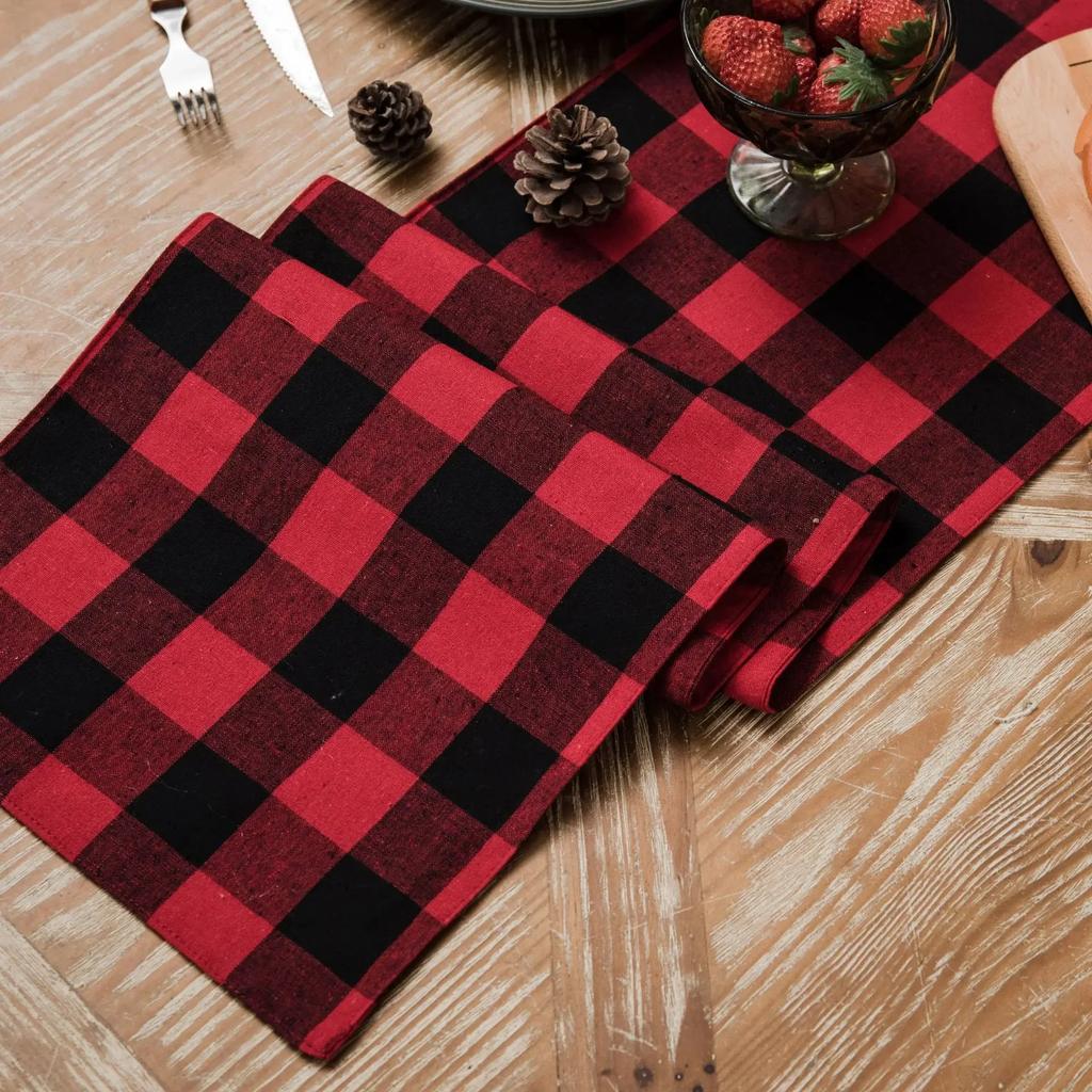 Christmas Table Runner,Red Black Grid Christmas Home Decoration For Festival Gifts Table Cover Runner