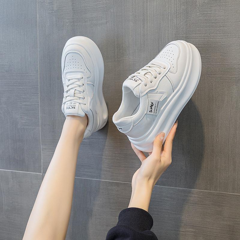 Slope Heel Thick Sole Heightening Little White Shoes Autumn New Round Head Lace-up Casual Board Shoes Versatile and Comfortable