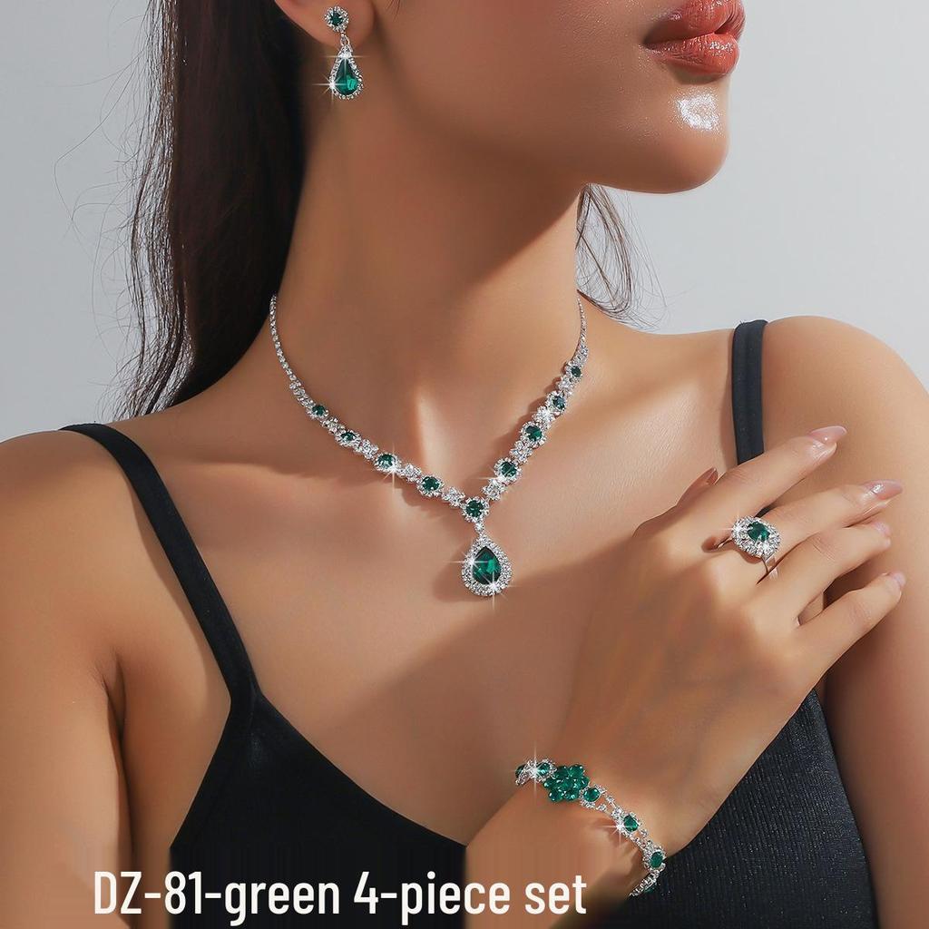 European & American Multi-Color Rhinestone Jewelry Set: Green, Blue & Red Necklace, Earrings, Bracelet & Ring
