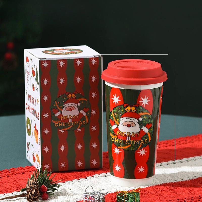Christmas Ceramic Casual Cup with Lid Snowman Old Man New American Coffee Cup Water Cup High Cup Gift Milk Tea Cup
