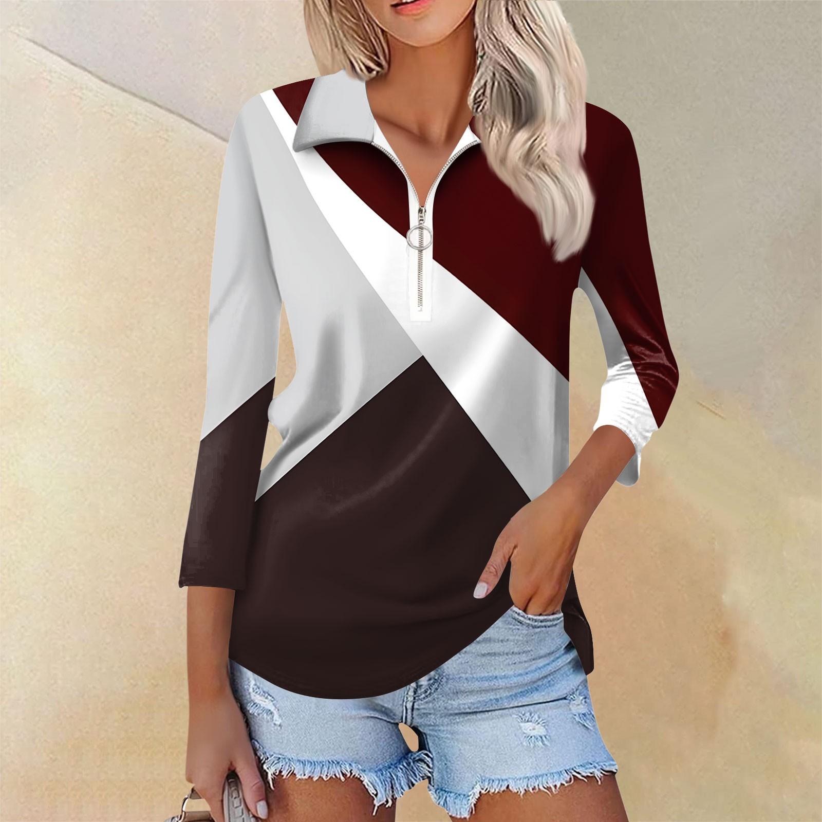 

Женская летняя модная повседневная рубашка с v-образным вырезом и семиточечным рукавом с принтом, топ XL винный