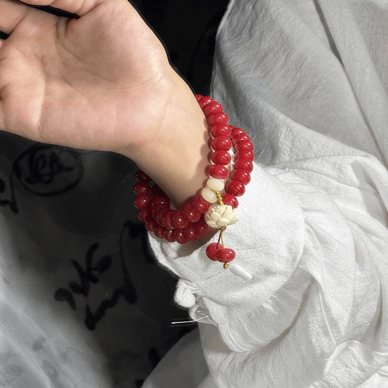 Rose Red Bodhi Root Bracelet - Women's Lotus Design, Double-Loop, National Style Accessory
