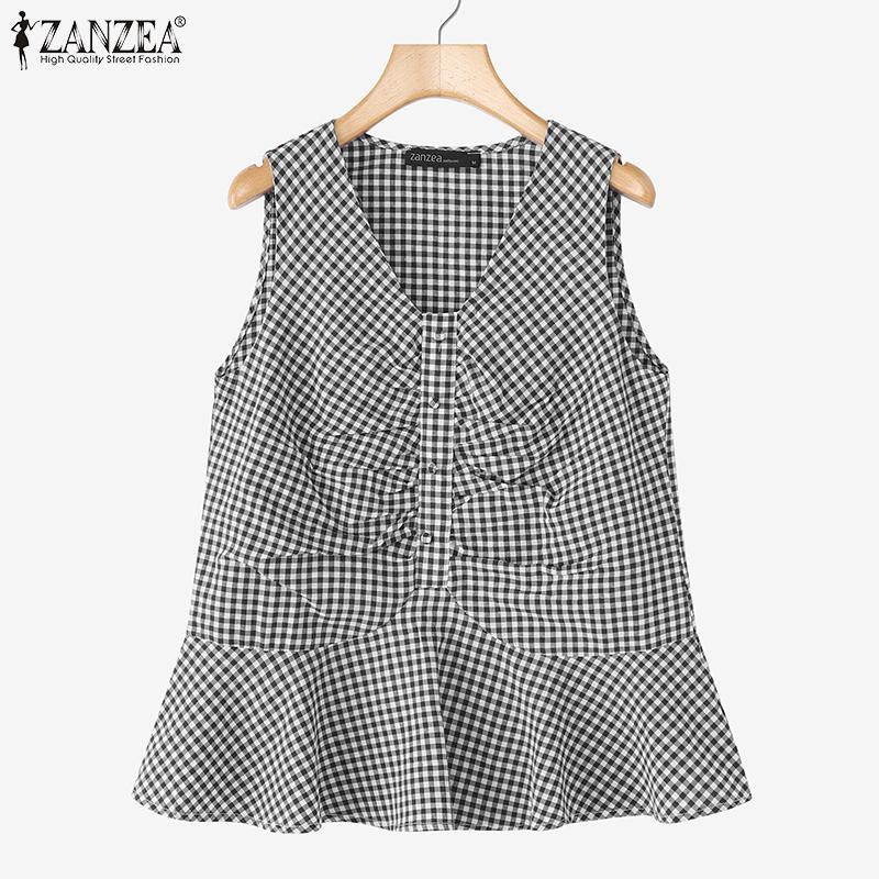 ZANZEA Women Casual V-Neck Summer Plaid Print Tank Tops