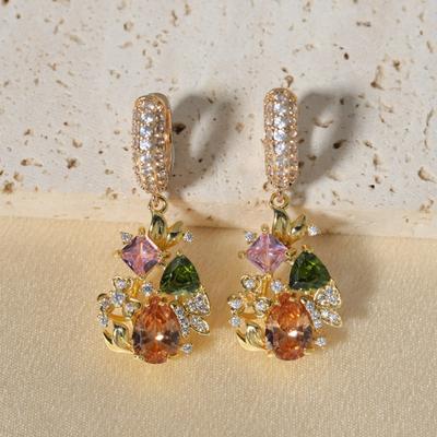 1 Paar Luxus Bunte Geometrische Blume Form Hängeohrringe für Frauen Zirkonia Ohrring Schmuck Hochzeitsparty Accessoires