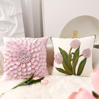 Nordisches rosa Tulpenkissen: Kissen aus reiner Baumwolle für Sofa, Wohnzimmer oder Nachttisch