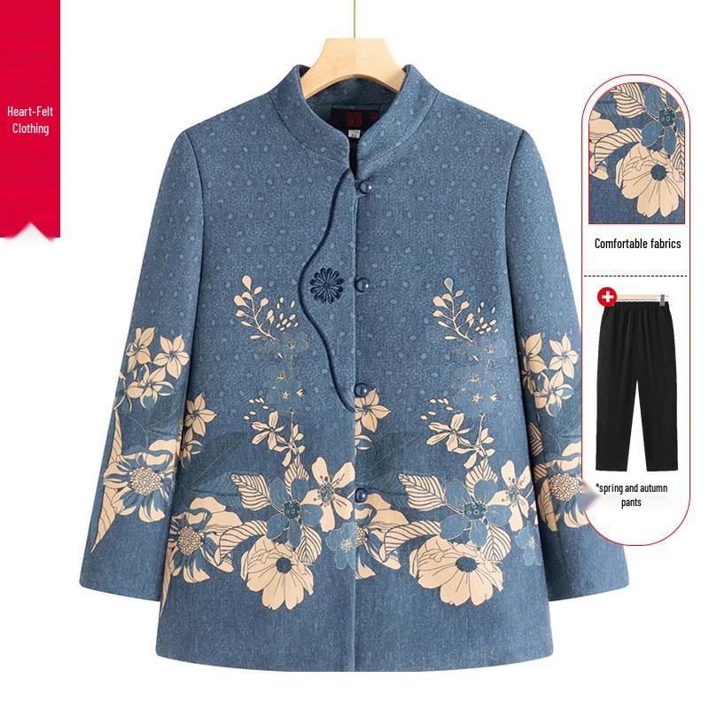 Elderly Women's Spring Coat, New Style for 60-70-Year-Olds, Stand-Up Collar, Long-Sleeve Top for Grandma