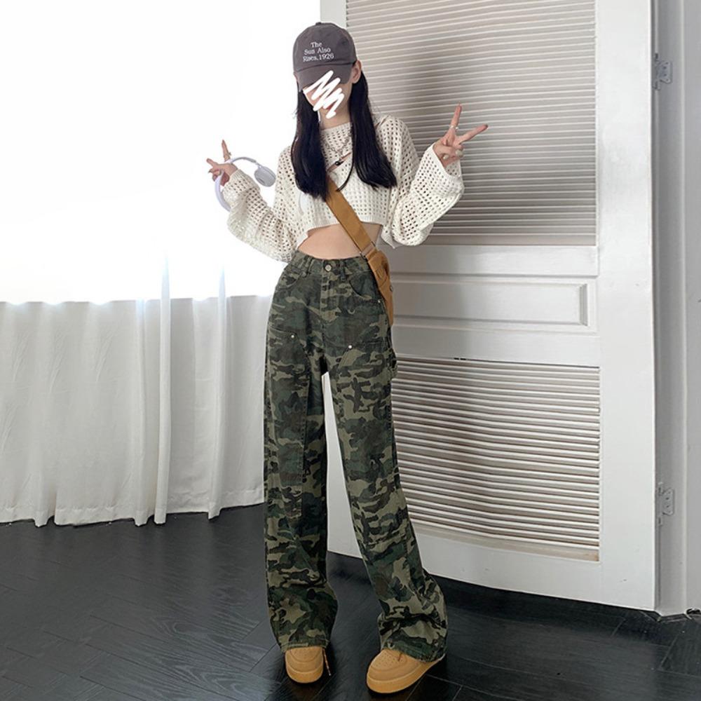 

Autumn and winter 2025 tooling straight casual loose and thin high waist retro camouflage wide leg jeans women s trend 2XL