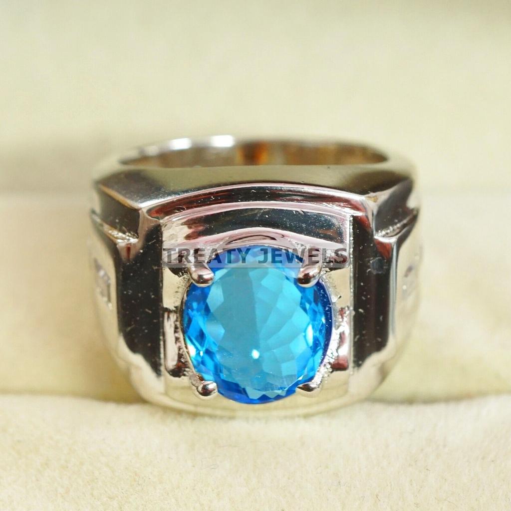 Blue Topaz Oval Cut Gemstone With 925 Sterling Silver Ring For Men's #A872 JL375669019220