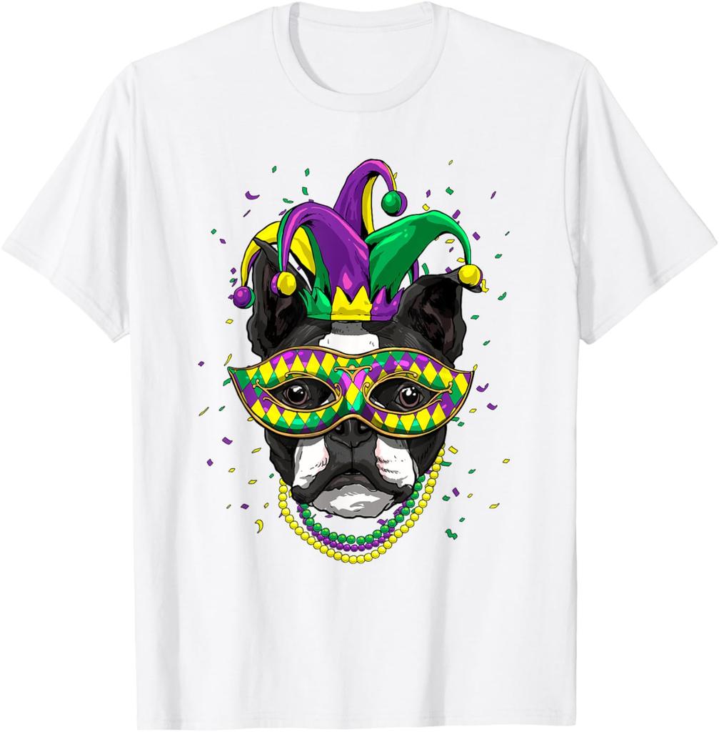 Boston Terrier Mardi Gras Jester Dog Graphic Tee Cute Carnival Print T-Shirt