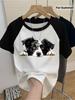 Y2k Women's Border Collie Pattern Printed T-shirt Black and White Clash Salad Glan Sleeves Round Neck Female Clothes Summer Top
