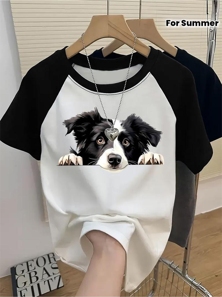 Y2k Women's Border Collie Pattern Printed T-shirt Black and White Clash Salad Glan Sleeves Round Neck Female Clothes Summer Top