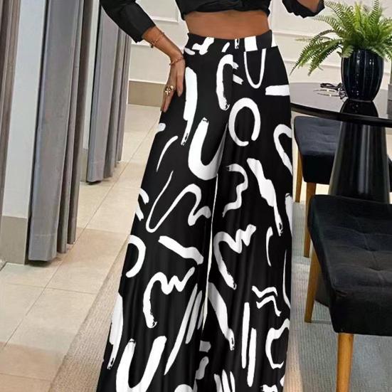 Women Pants Oversized Wide Leg Elastic High Waist Casual Trousers Retro Print Loose Fit Long Pants Streetwear
