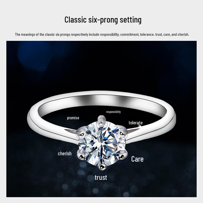 Sterling Silver Six-Prong Moissanite Ring: Non-Fading 925 Silver Pinky Ring for Men & Women, 18K Gold Accents
