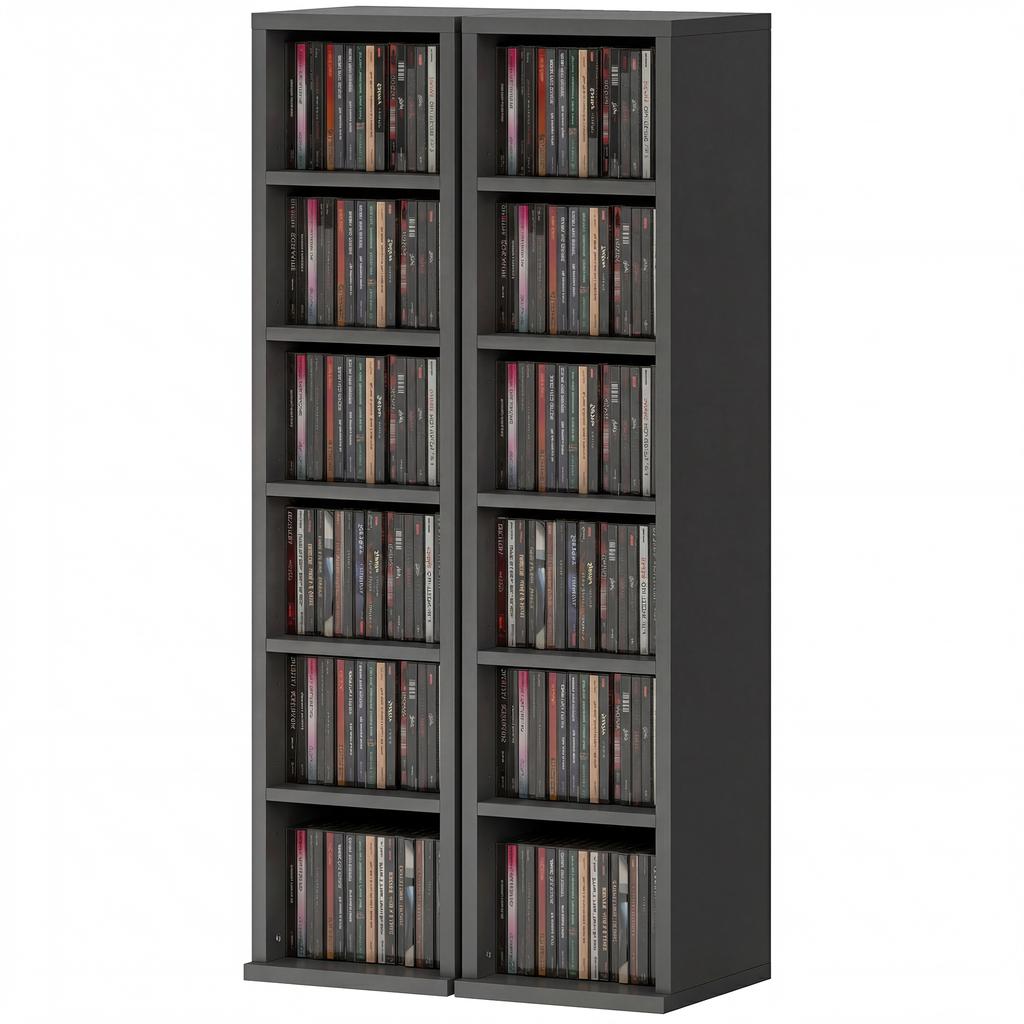 Set di 2 Scaffalature Espositive per CD a Torre con Ripiani Regolabili, Nero