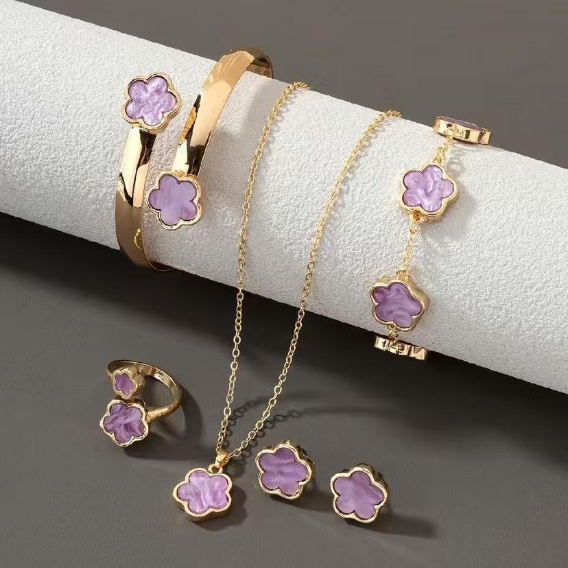 European Elegance: Five-Petal Flower Jewelry Set (Necklace, Bracelet, Bangle, Earrings, Ring)