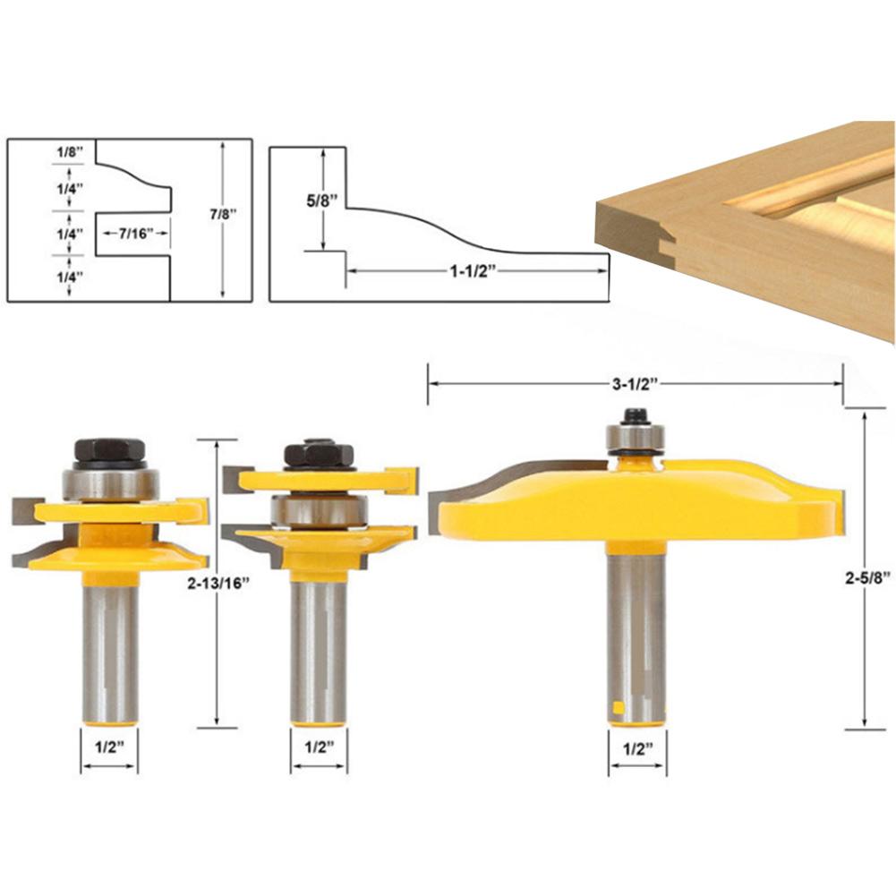 3pcs 12" Shank Ogee Raised Panel & Ogee Rail and Stile Router Bit Set Woodwork Milling Cutter