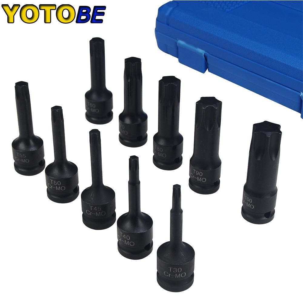 10Pcs 1/2 Inch Drive Impact Torx Star Bit Socket Sets T30-T100 Socket Bits Set T30 T40 T45 T50 T55 T60 T70 T80 T90 T100