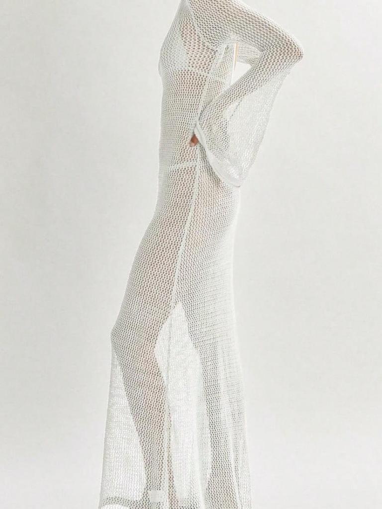 Women's Crochet Long Sleeve Backless Mesh Knit Swimsuit Cover Up Beach Maxi Dress