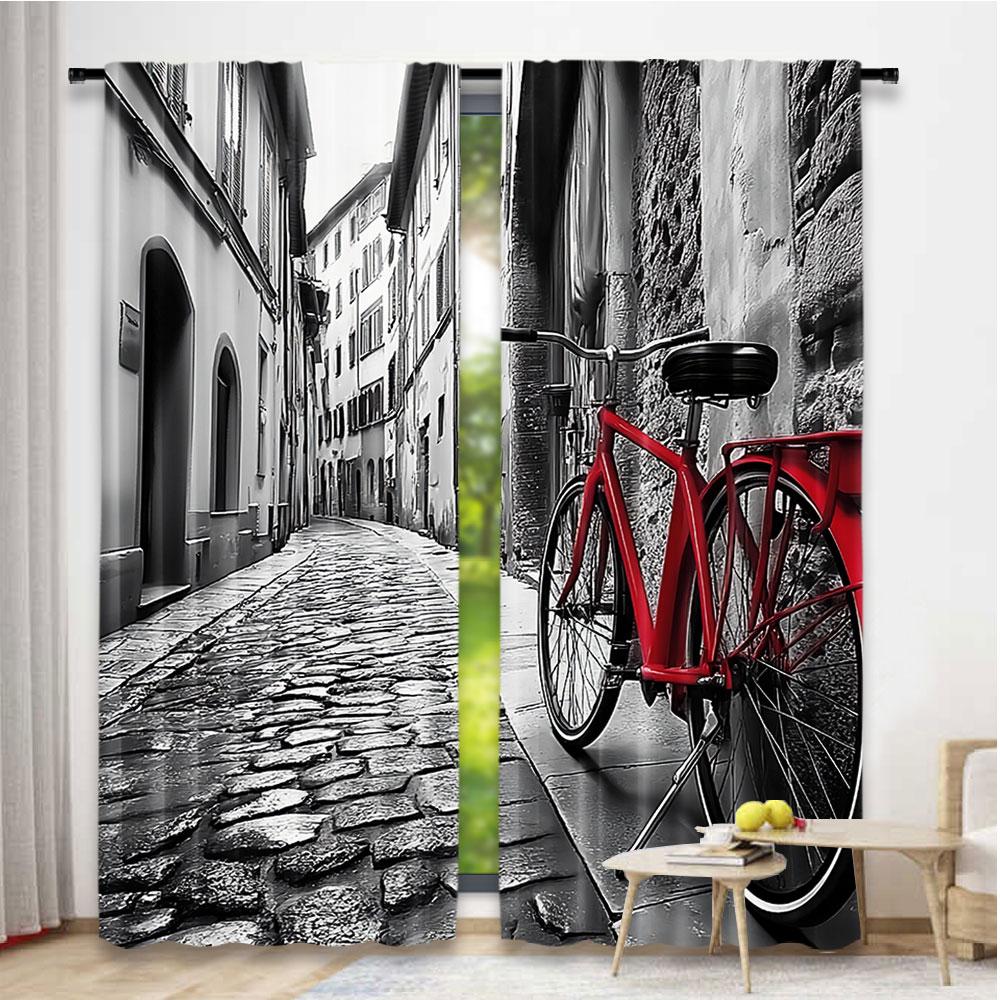 2Pcs Bicycle Curtain Vintage Look Classic Bike On Cobblestone Street In Italian Town Leisure Retro Effect Tones For Bedroom
