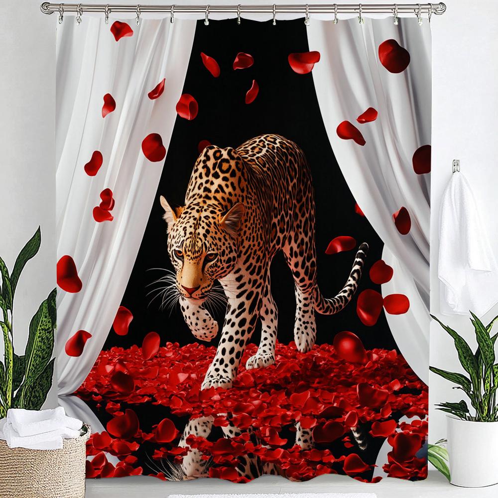 1Pc Red Rose, Flowers And Leopard Print Waterproof Shower Partition Privacy Hanging Curtain With Hooks Machine Washable