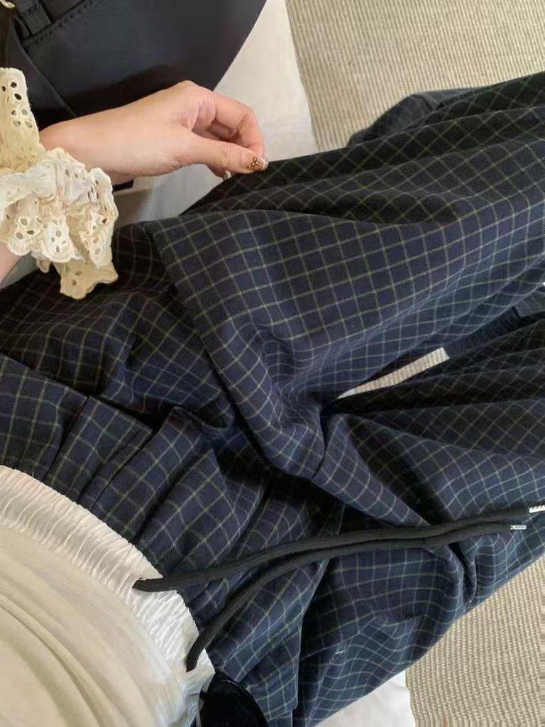 Women's Spring-Summer High-Waist Plaid Wide-Leg Pants - Korean Style Casual Sports