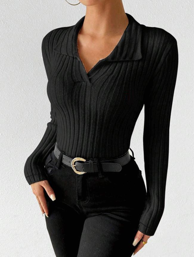 2025 Autumn/Winter Women s Ribbed Slim Fit V-Neck Long Sleeve Top L чёрный