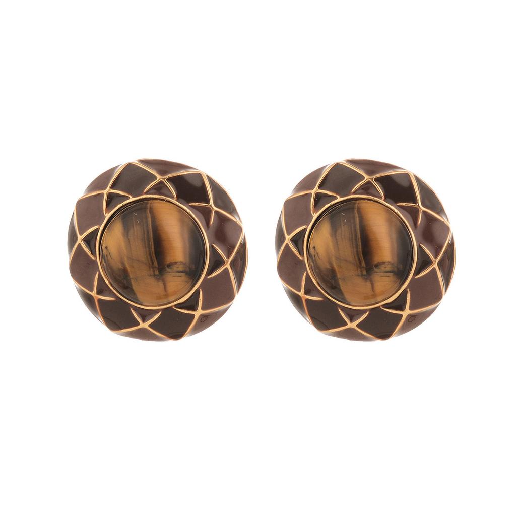 Maillard enamel color big flower stud earrings vintage copper plated medieval gold earrings tiger eye series texture earrings