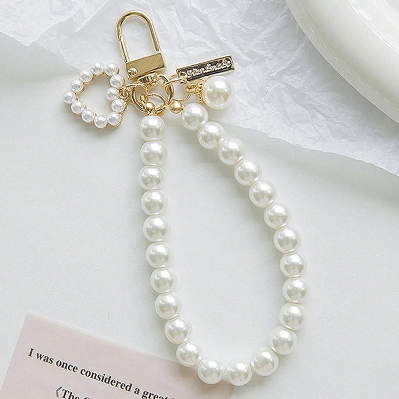Lovely Cherry Blossoms Fan Keychain Pearl Chain Pendant Women Car Key Ring Headphone Case Charms Bag Decor Accessories